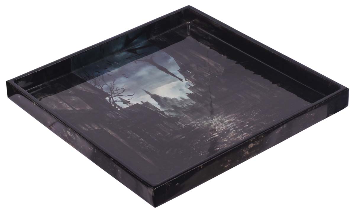 Buy in Bulk Wholesale Serving Tray in MDF - Black - 12” Hand-Crafted Decorative Tray with ‘Mysterious Halloween-Scene’ Pattern - Classic Serve-Ware/Decor from India